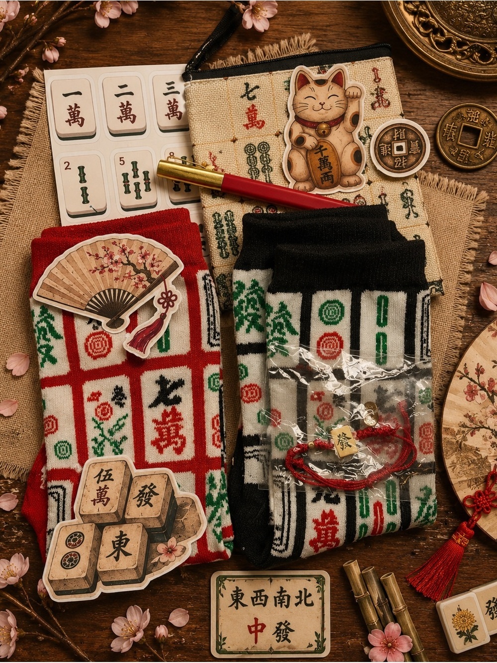 Mahjong Gift Box Set Pouch Socks Bracelet Stickers One of a Kind Gift